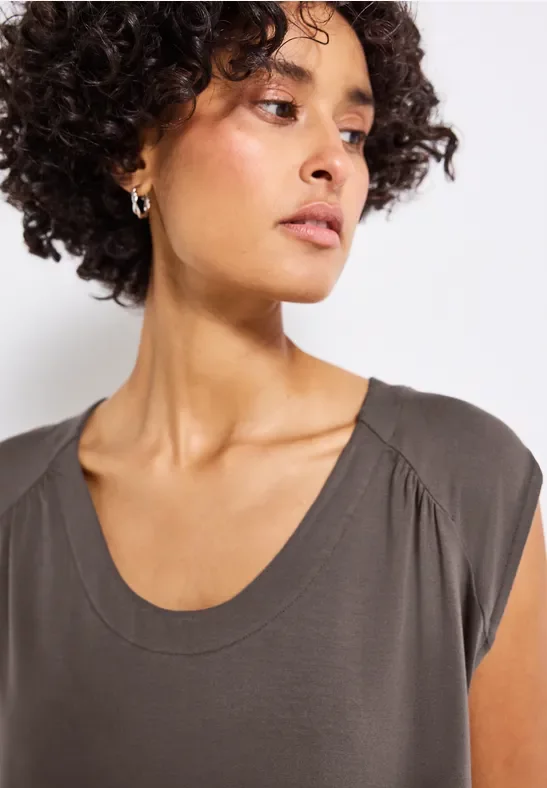 Street One Frauen Jersey-Shirt mit Elastiksaum in Braun, Gr: 36