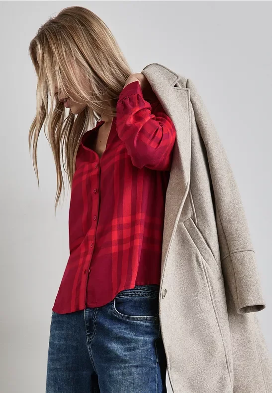 Street One Frauen Karierte Bluse mit Rüschen in Rot, Gr: 44