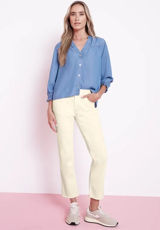 Street One Frauen Straight Leg Jeans mit fransigem Saum in Beige, Gr: 26