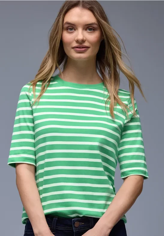 Street One Frauen Kurzarm T-Shirt mit Streifenmuster in Grün, Gr: 34