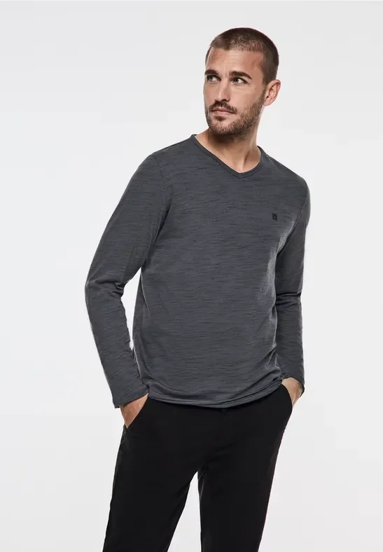 Street One MEN Männer Melange V-Neck Longsleeve in Grau, Gr: XL