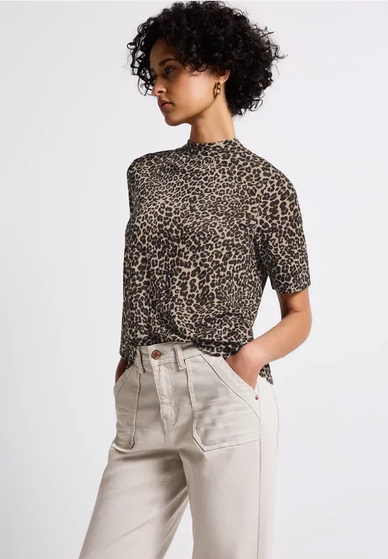 Street One Frauen Leinen-Look Leo-Shirt in Schwarz, Gr: 34