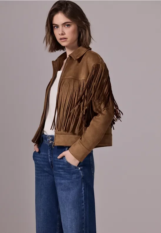 Street One Studio Frauen Velours-Jacke mit Fransen in Braun, Gr: 38