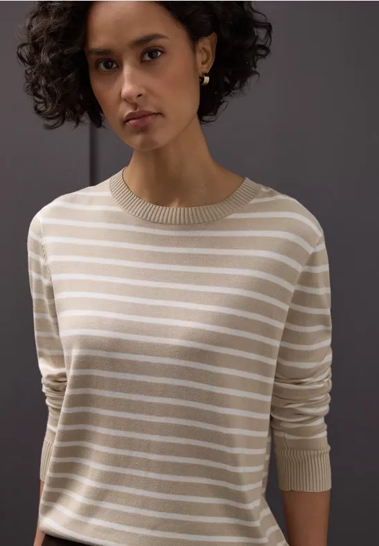 Street One Frauen Gestreifter Pullover in Beige, Gr: 36