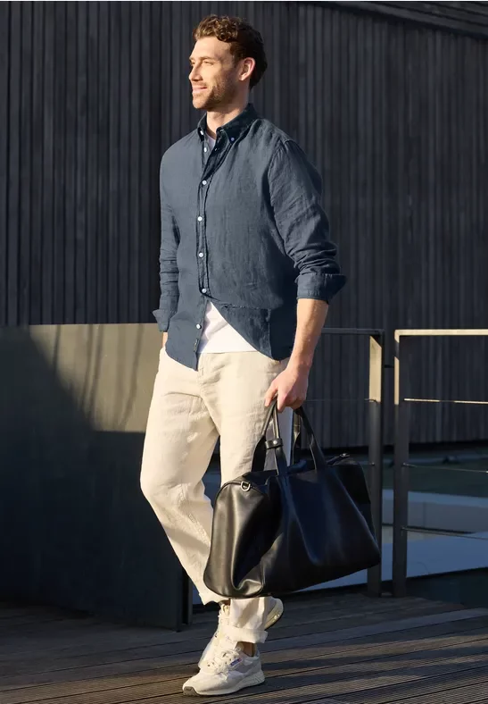 Street One MEN Männer Langarm Hemd aus Leinen in Blau, Gr: 3XL