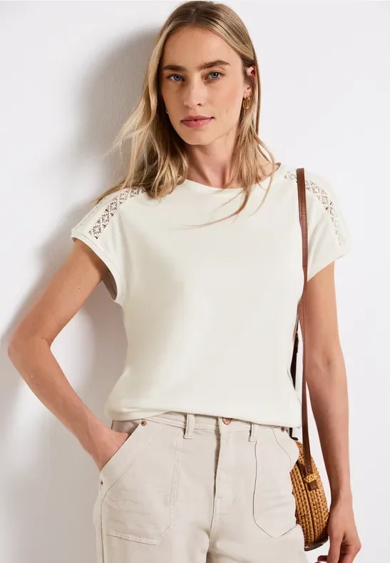 Street One Frauen T-Shirt mit Häkeldetails in Weiß, Gr: 40