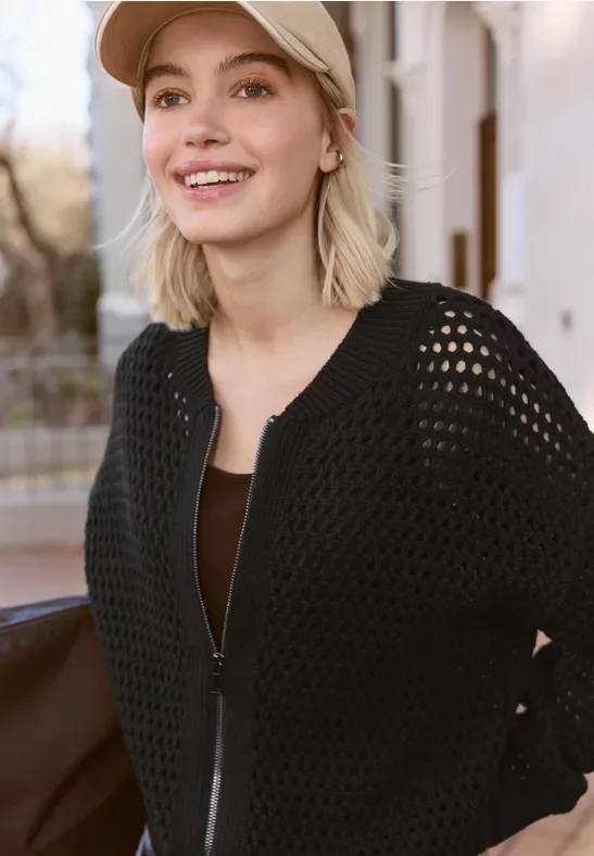 Street One Studio Frauen Cardigan mit Rundhals und Zipper in Schwarz, Gr: 44