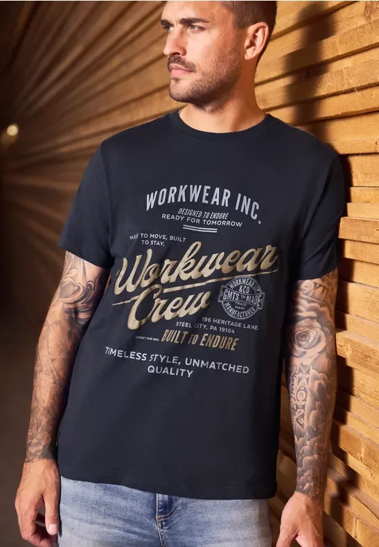 Street One MEN Männer Slub T-Shirt mit Wording in Blau, Gr: XXL