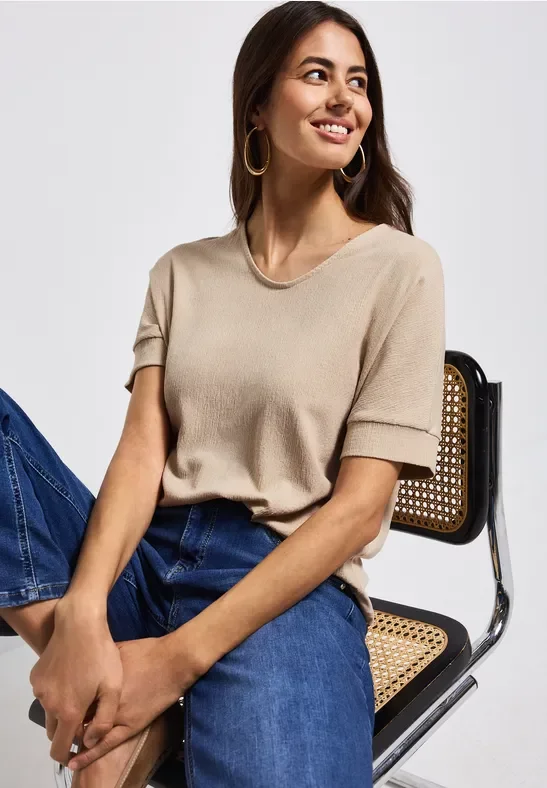 Street One Frauen Strukturmix Shirt in Beige, Gr: 44