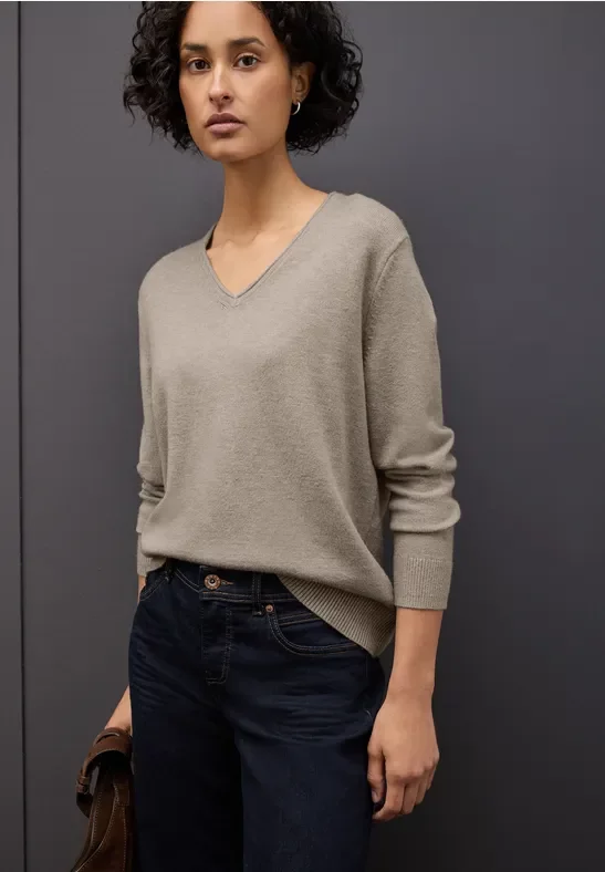 Street One Frauen Kuscheliger V-Neck Pullover in Beige, Gr: 40