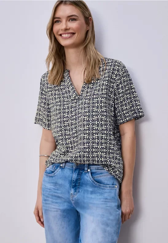 Thumbnail - Street One Frauen Kurzarm Bluse mit Turn-Up in Blau, Gr: 46