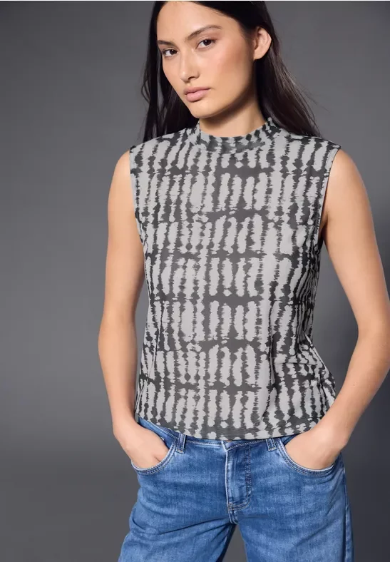 Street One Studio Frauen Gemustertes Mesh-Top in Schwarz, Gr: 36