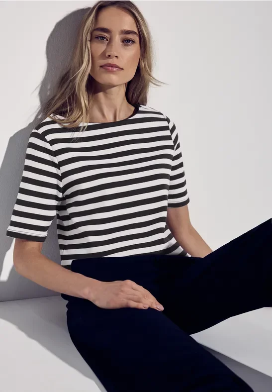 Street One Frauen Gestreiftes T-Shirt in Schwarz, Gr: 38