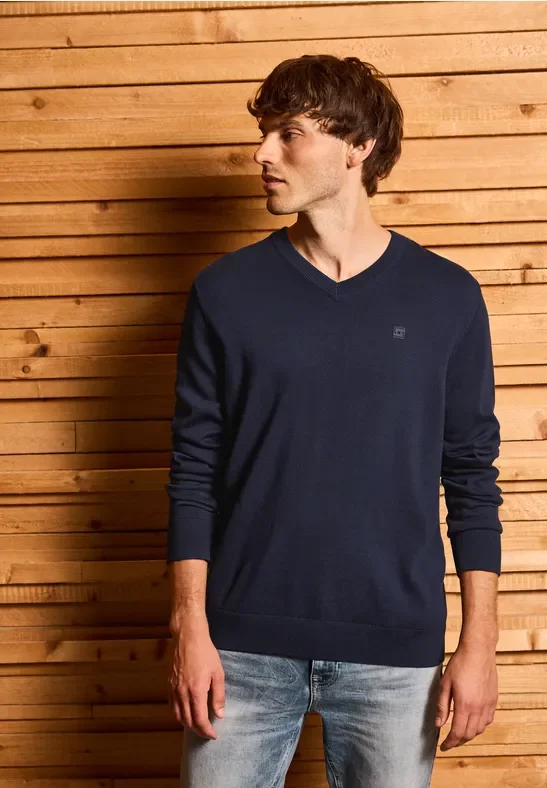 Thumbnail - Street One MEN Männer Basic V-Neck Strickpullover in Blau, Gr: XXL