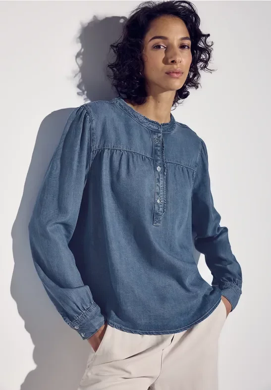 Street One Frauen Jeansbluse mit Rüschen in Blau, Gr: 36