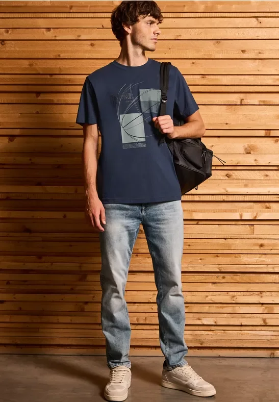 Street One MEN Männer T-Shirt mit grafischem Print in Blau, Gr: XL