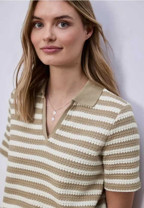 Street One Frauen Kurzarm Poloshirt mit Streifen in Beige, Gr: 46