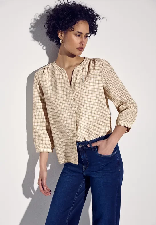 Street One Frauen Karierte Seersucker Bluse in Beige, Gr: 46