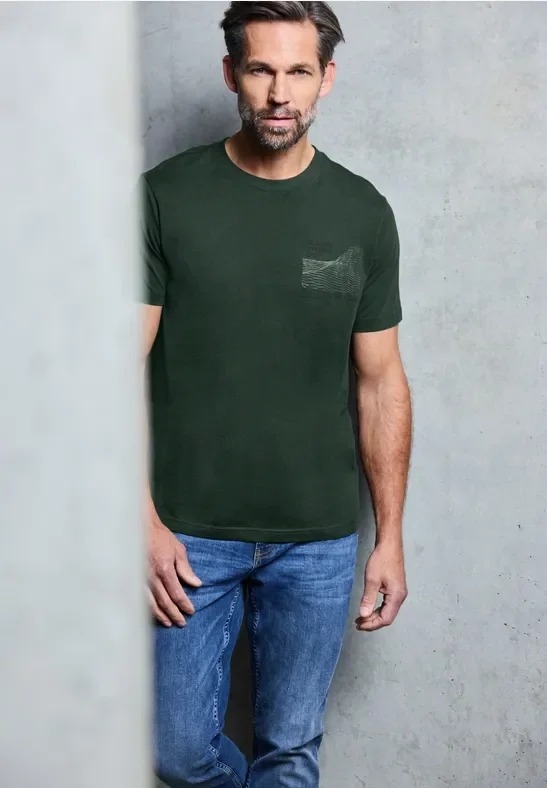 Street One MEN Männer Basic T-Shirt mit Chestprint in Grün, Gr: S