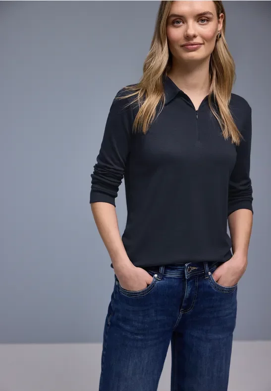 Street One Frauen Poloshirt mit Zipper in Blau, Gr: 42