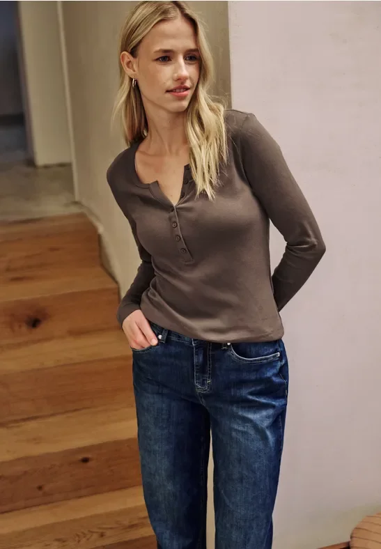 Street One Studio Frauen Rippshirt mit Knöpfen in Braun, Gr: 40