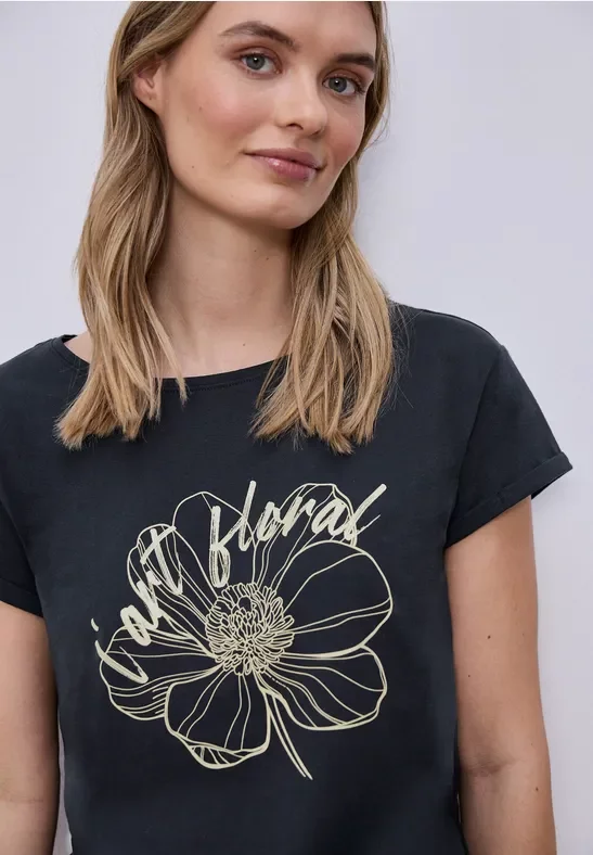 Street One Frauen Kurzarm Shirt mit floralem Artwork in Blau, Gr: 42