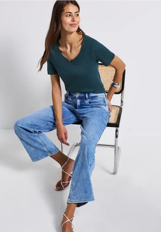 Street One Frauen T-Shirt mit Herzausschnitt in Türkis, Gr: 36