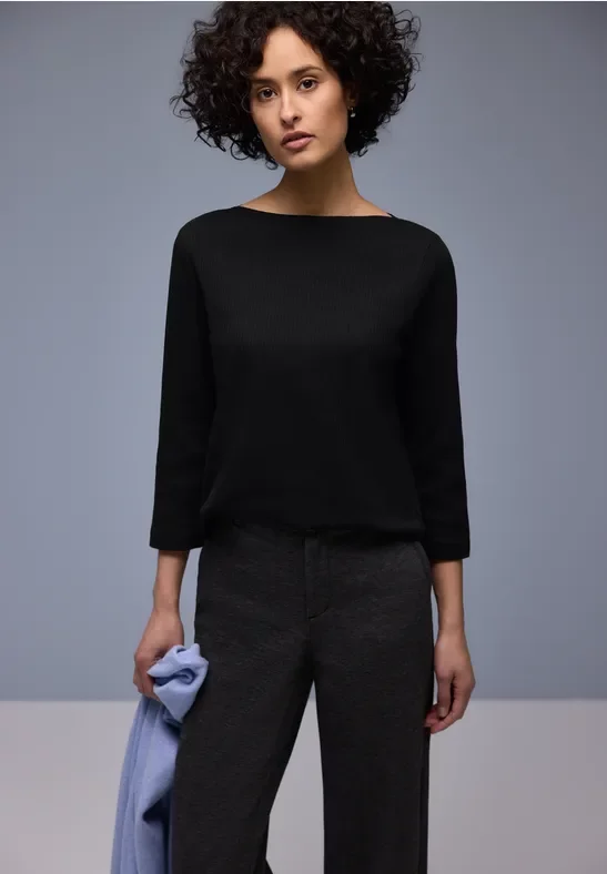 Street One Frauen Shirt in Rippstruktur in Schwarz, Gr: 34