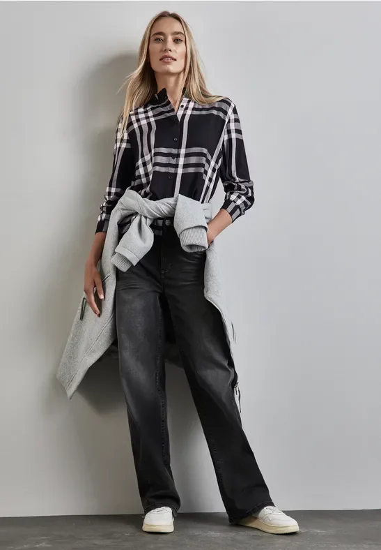 Street One Frauen Karierte Bluse mit Rüschen in Schwarz, Gr: 46