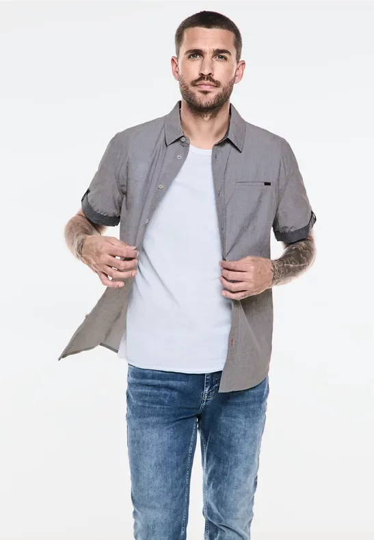 Street One MEN Männer Melange Hemd aus Baumwolle in Schwarz, Gr: XXL