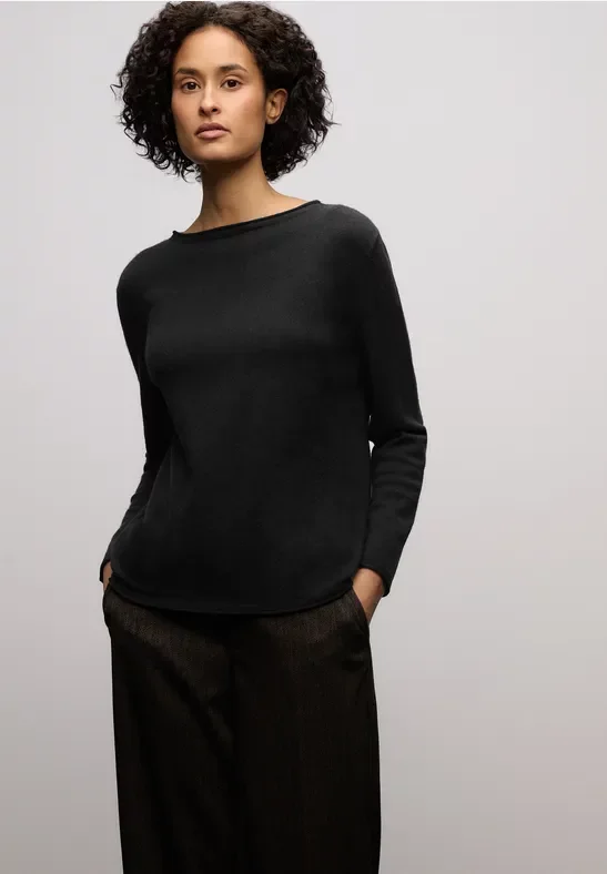 Street One Frauen Pullover mit gerolltem Saum in Schwarz, Gr: 42
