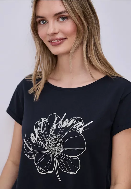 Street One Frauen Kurzarm Shirt mit floralem Artwork in Blau, Gr: 38