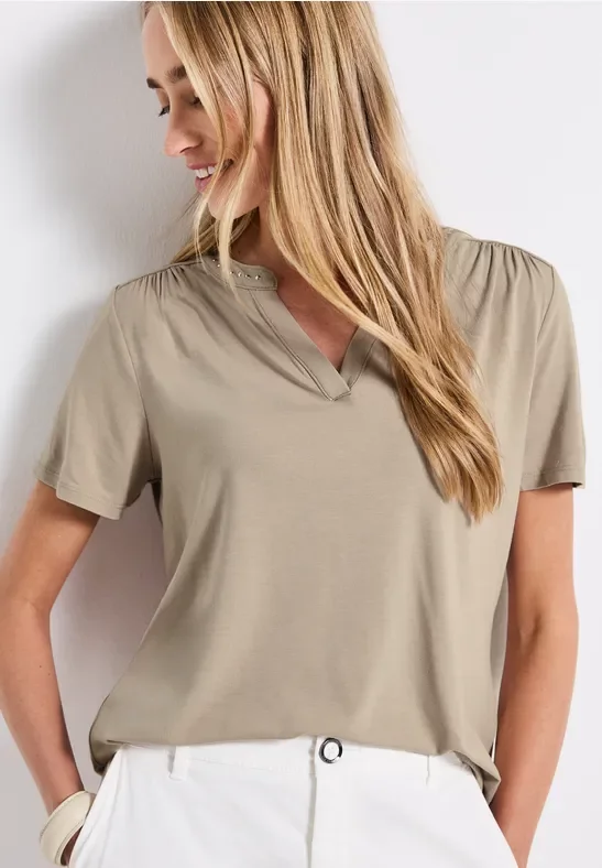 Street One Frauen Jersey-Shirt mit Nieten in Beige, Gr: 36