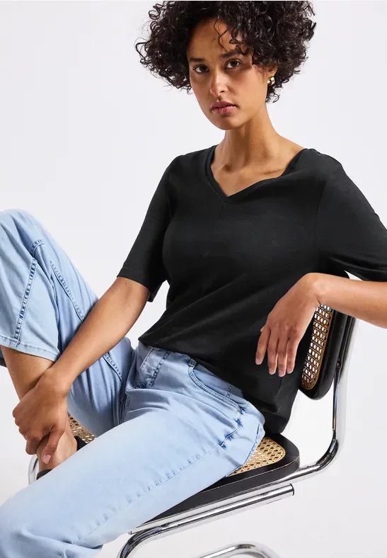 Street One Frauen V-Neck T-Shirt in Schwarz, Gr: 38