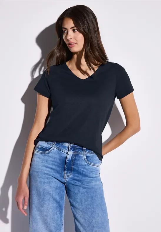 Thumbnail - Street One Frauen Basic T-Shirt in Unifarbe in Blau, Gr: 34