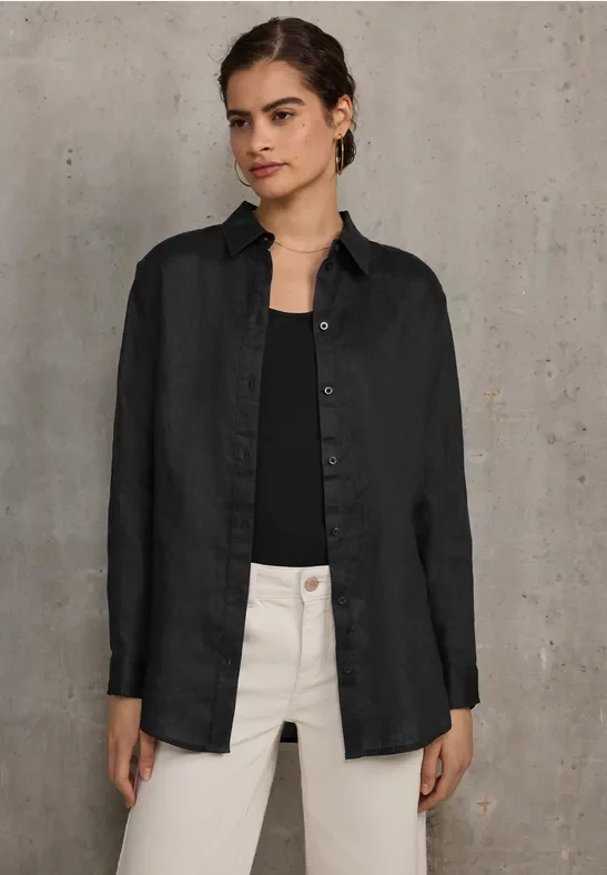 Street One Studio Frauen Leinen-Hemdbluse in Schwarz, Gr: 34