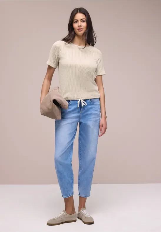 Street One Frauen Kurzarm Shirt mit Strukturstreifen in Beige, Gr: 42