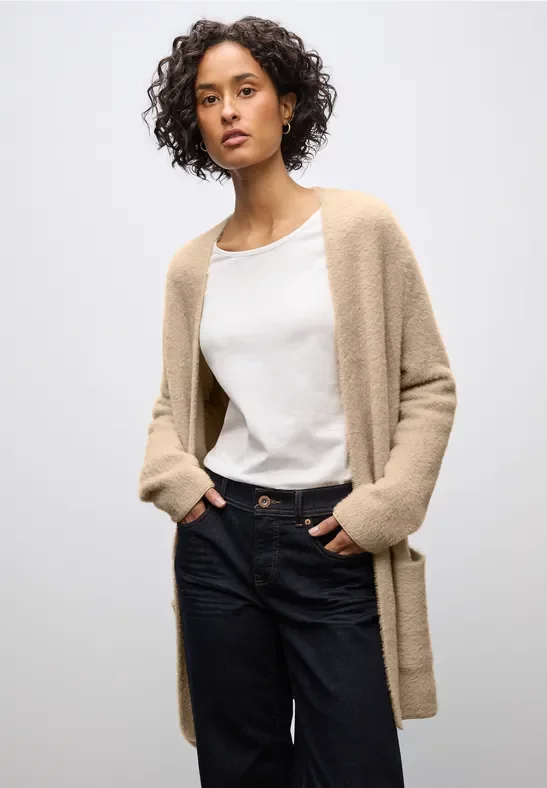 Street One Frauen Langer Federgarn Cardigan in Beige, Gr: 42