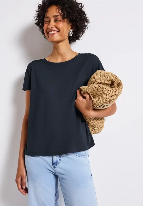 Street One Frauen Jersey-Shirt mit Mesh-Detail in Blau, Gr: 38