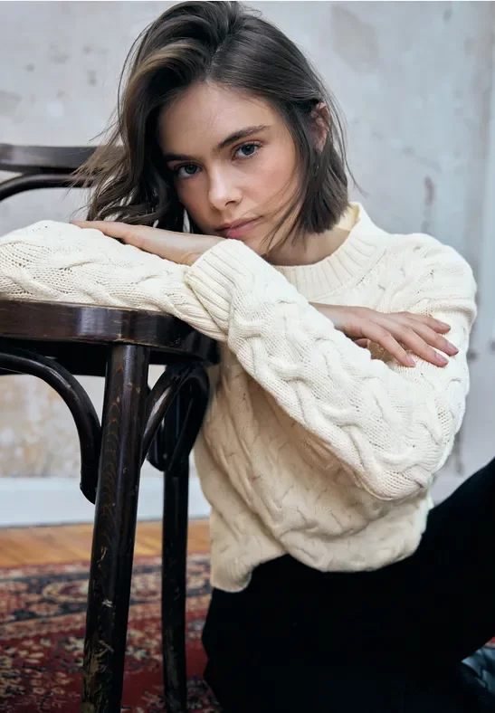 Thumbnail - Street One Studio Frauen Pullover mit Zopfmuster in Beige, Gr: 40