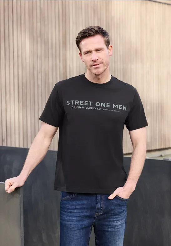 Street One MEN Männer T-Shirt mit Logo-Print in Schwarz, Gr: 3XL