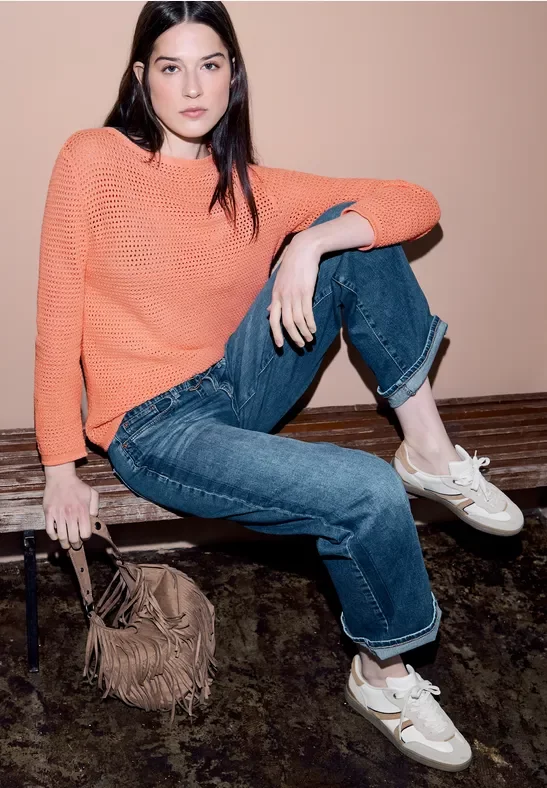 Street One Studio Frauen Pullover mit Lochmuster in Orange, Gr: 44