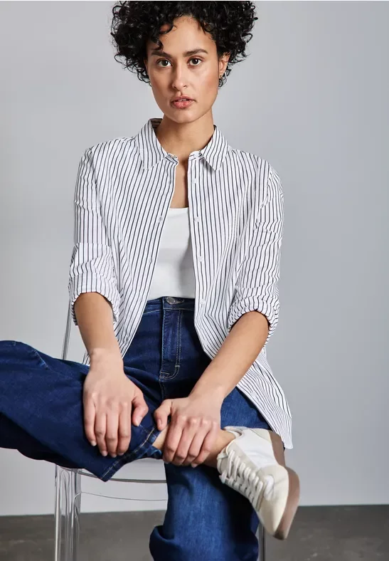 Thumbnail - Street One Frauen Gestreifte Business Bluse in Weiß, Gr: 40