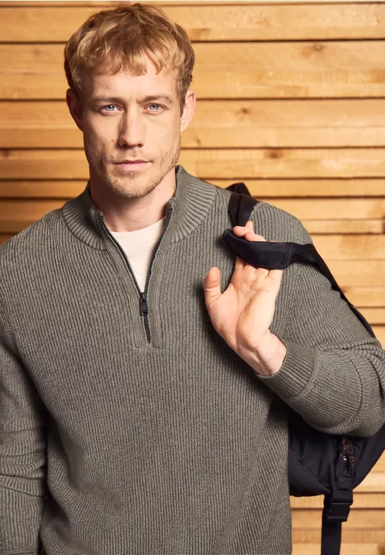 Street One MEN Männer Baumwollpullover mit Zipper in Braun, Gr: S