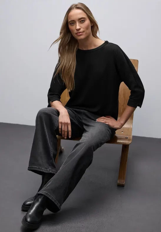 Street One Frauen Glitzerndes Strukturshirt in Schwarz, Gr: 36