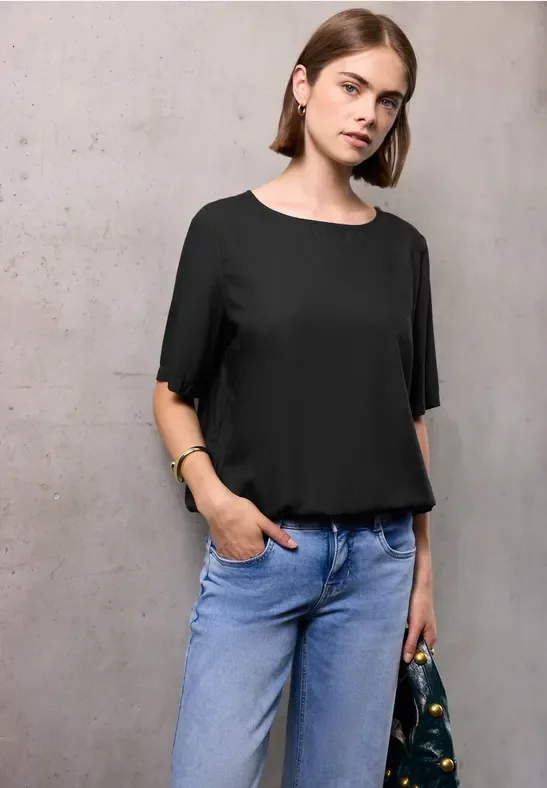 Thumbnail - Street One Studio Frauen Blusenshirt mit Elastiksaum in Schwarz, Gr: 36