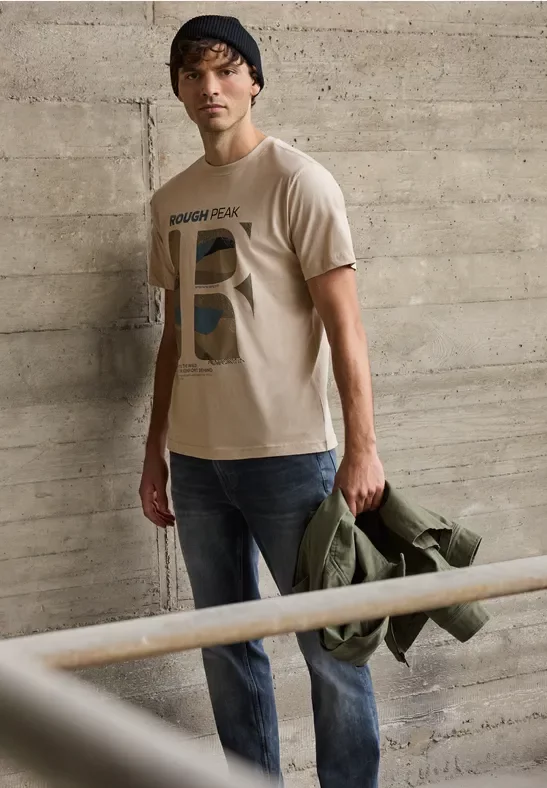 Street One MEN Männer T-Shirt mit Frontprint in Beige, Gr: L