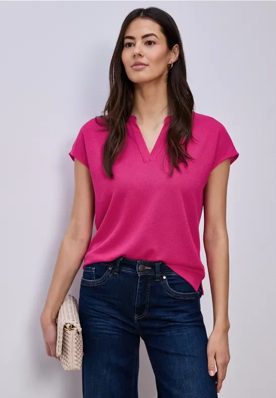 Street One Frauen Shirt mit Split Neck im Strick-Look in Pink, Gr: 44