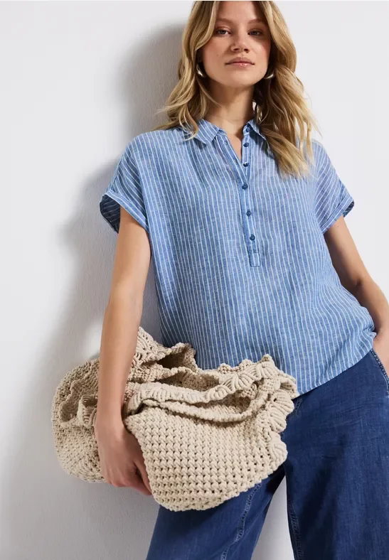 Thumbnail - Street One Frauen Gestreifte Leinen-Hemdbluse in Blau, Gr: 38