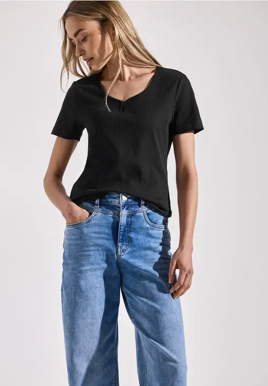 Street One Frauen T-Shirt mit Dekortape in Schwarz, Gr: 34